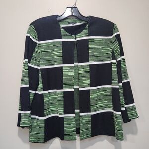Misook cardigan sweater. Green/black squares with white horizonral stripes.